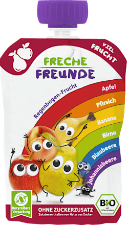 Quetschie Regenbogen-Frucht Apfel, Pfirsich, Banane, Birne, Blaubeere & Johannisbeere ab dem 6. Monat, 100 g