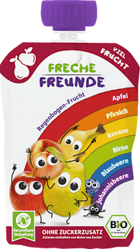 Quetschie Regenbogen-Frucht Apfel, Pfirsich, Banane, Birne, Blaubeere & Johannisbeere ab dem 6. Monat, 100 g