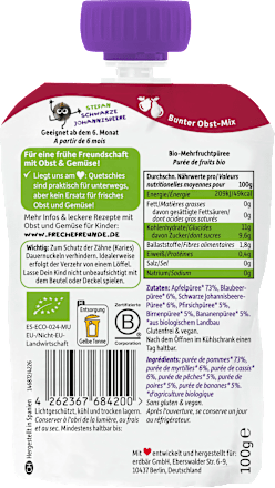 Quetschie Regenbogen-Frucht Apfel, Pfirsich, Banane, Birne, Blaubeere & Johannisbeere ab dem 6. Monat, 100 g