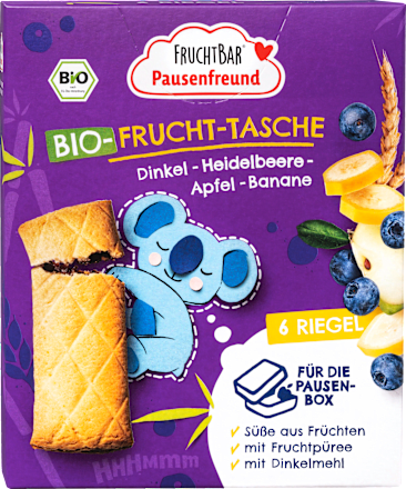 Kindersnack Pausenfreund Frucht-Tasche, Dinkel, Blaubeere, Apfel, Banane ab 3 Jahren (6x22 g), 132 g