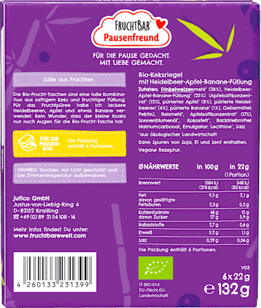 Kindersnack Pausenfreund Frucht-Tasche, Dinkel, Blaubeere, Apfel, Banane ab 3 Jahren (6x22 g), 132 g