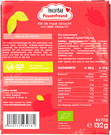 Kindersnack Pausenfreund Frucht-Tasche, Dinkel, Erdbeere, Apfel ab 3 Jahren (6x22 g), 132 g