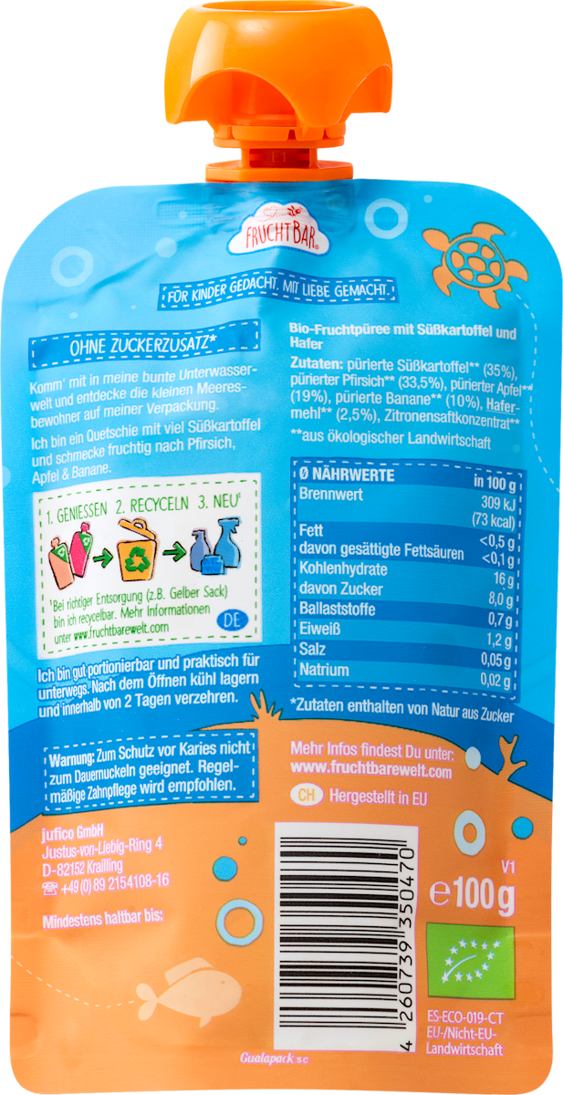 FruchtBar Quetschie Pfirsich, Süßkartoffel, Apfel, Banane & Hafer ab 6 Monaten, 100 g