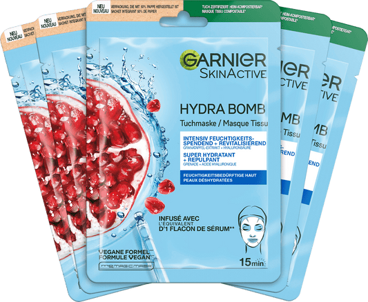 GARNIER Masque en tissu Hydra Bomb Grenade 5 pièces, 140 g