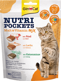 Kattensnacks met rundvlees, zalm en kattenkruid, Nutri Pockets Malt-Vitamine Mix, 150 g
