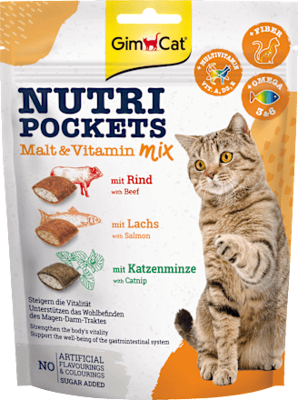 Kattensnacks met rundvlees, zalm en kattenkruid, Nutri Pockets Malt-Vitamine Mix, 150 g