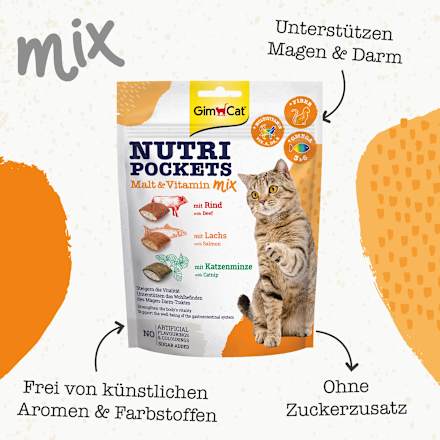 Kattensnacks met rundvlees, zalm en kattenkruid, Nutri Pockets Malt-Vitamine Mix, 150 g