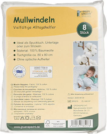 Mousseline luiers, 80x80 cm, wit, 8 stuks
