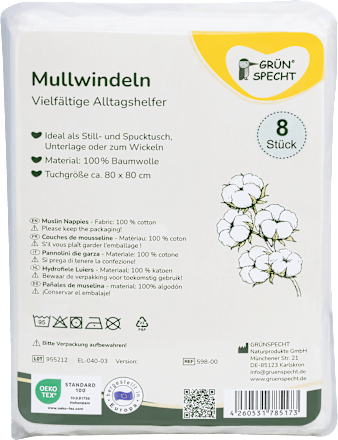 Mullwindeln, 80x80 cm, weiß, 8 St