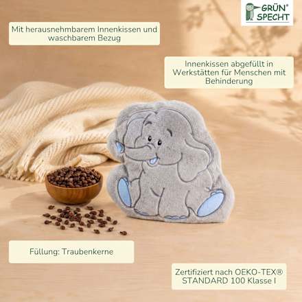 Traubenkern-Kissen Wärmezoo mit Bezug, Elefant, 1 St