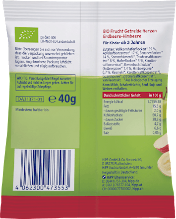 Kindersnack Mini Hafer-Herzen Erdbeere-Himbeere, ab 3 Jahre, 40 g