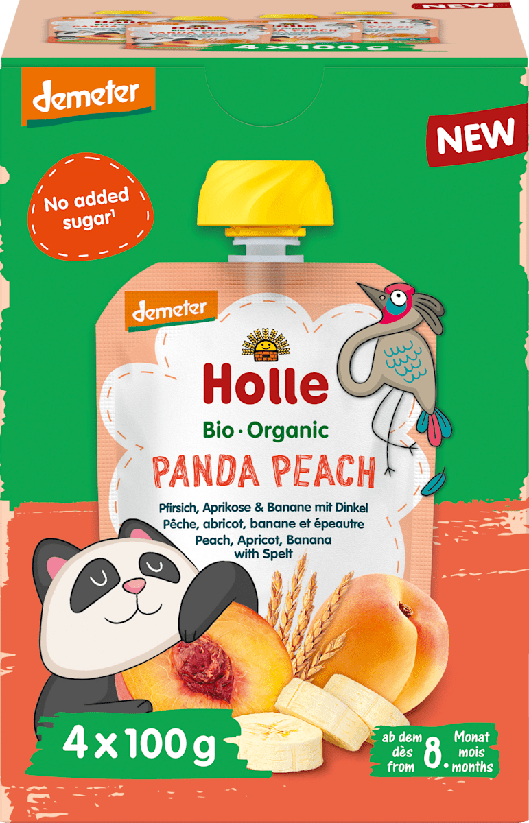 Holle Quetschie Panda Peach, Pfirsich, Aprikose, Banane mit Dinkel ab 8 Monaten (4x100 g), 400 g