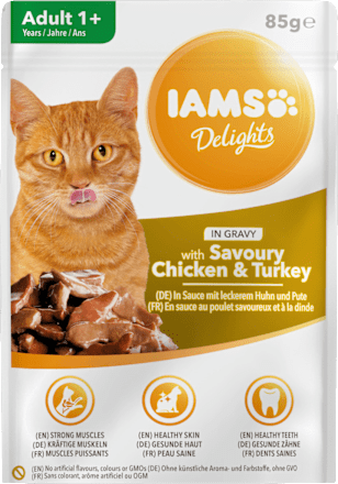 Nassfutter für Katzen mit Huhn & Pute in Sauce, Delights, 85 g