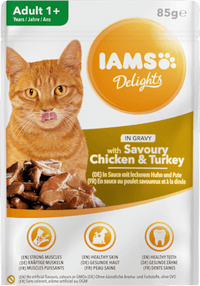 Nassfutter für Katzen mit Huhn & Pute in Sauce, Delights, 85 g