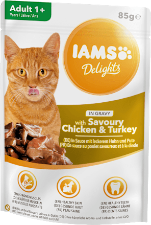 Nassfutter für Katzen mit Huhn & Pute in Sauce, Delights, 85 g