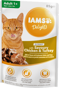 Nassfutter für Katzen mit Huhn & Pute in Sauce, Delights, 85 g