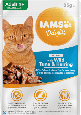 Nassfutter für Katzen mit Thunfisch & Hering in Gelee, Delights, 85 g