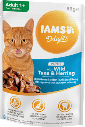 Nassfutter für Katzen mit Thunfisch & Hering in Gelee, Delights, 85 g