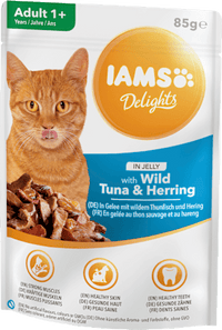 Nassfutter für Katzen mit Thunfisch & Hering in Gelee, Delights, 85 g