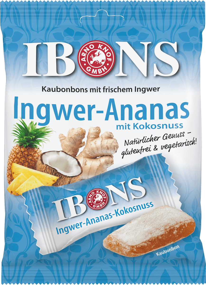 IBONS Bonbon, Kaubonbons Ingwer-Ananas mit Kokosnuss, 92 g