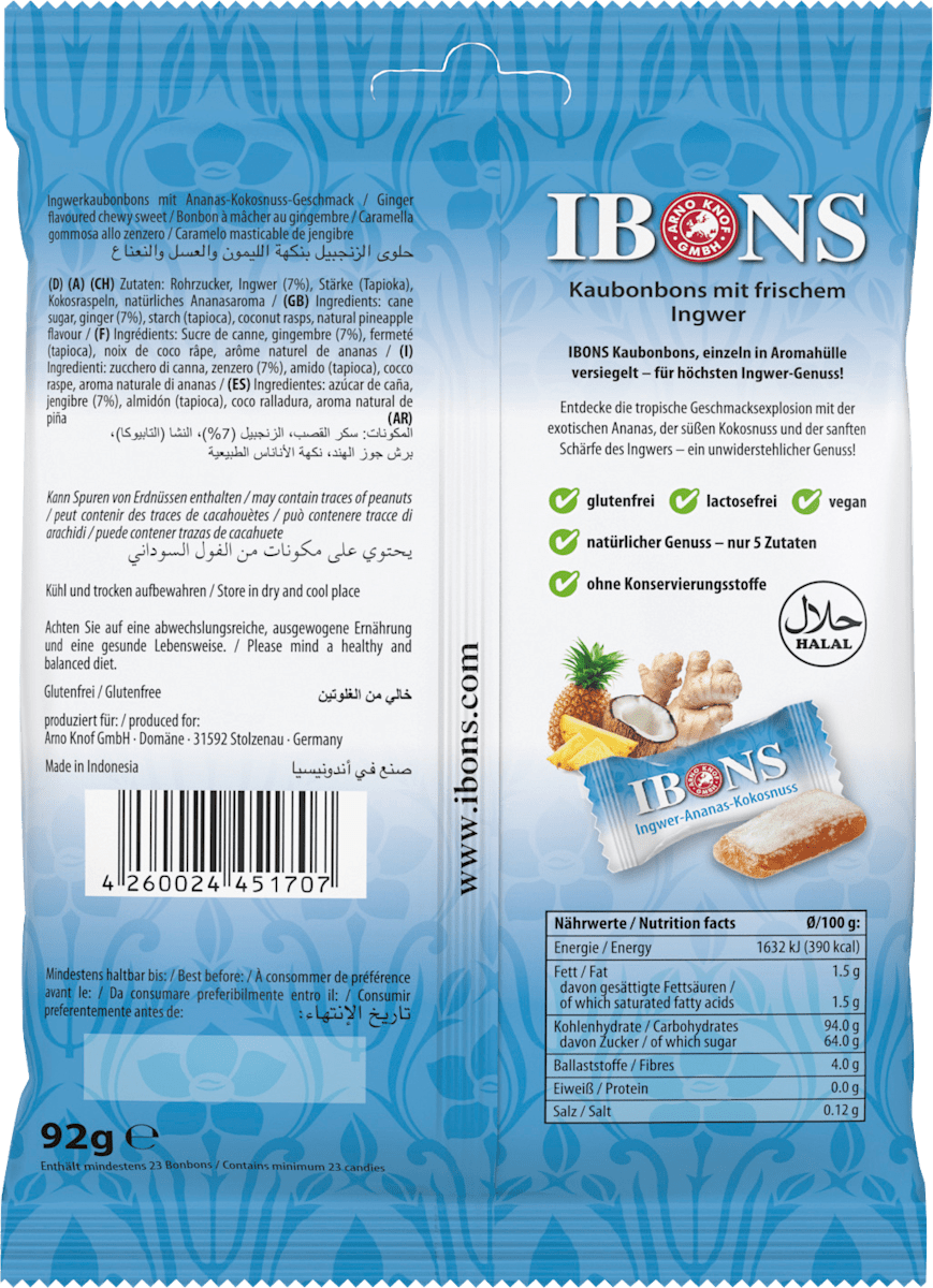 IBONS Bonbon, Kaubonbons Ingwer-Ananas mit Kokosnuss, 92 g