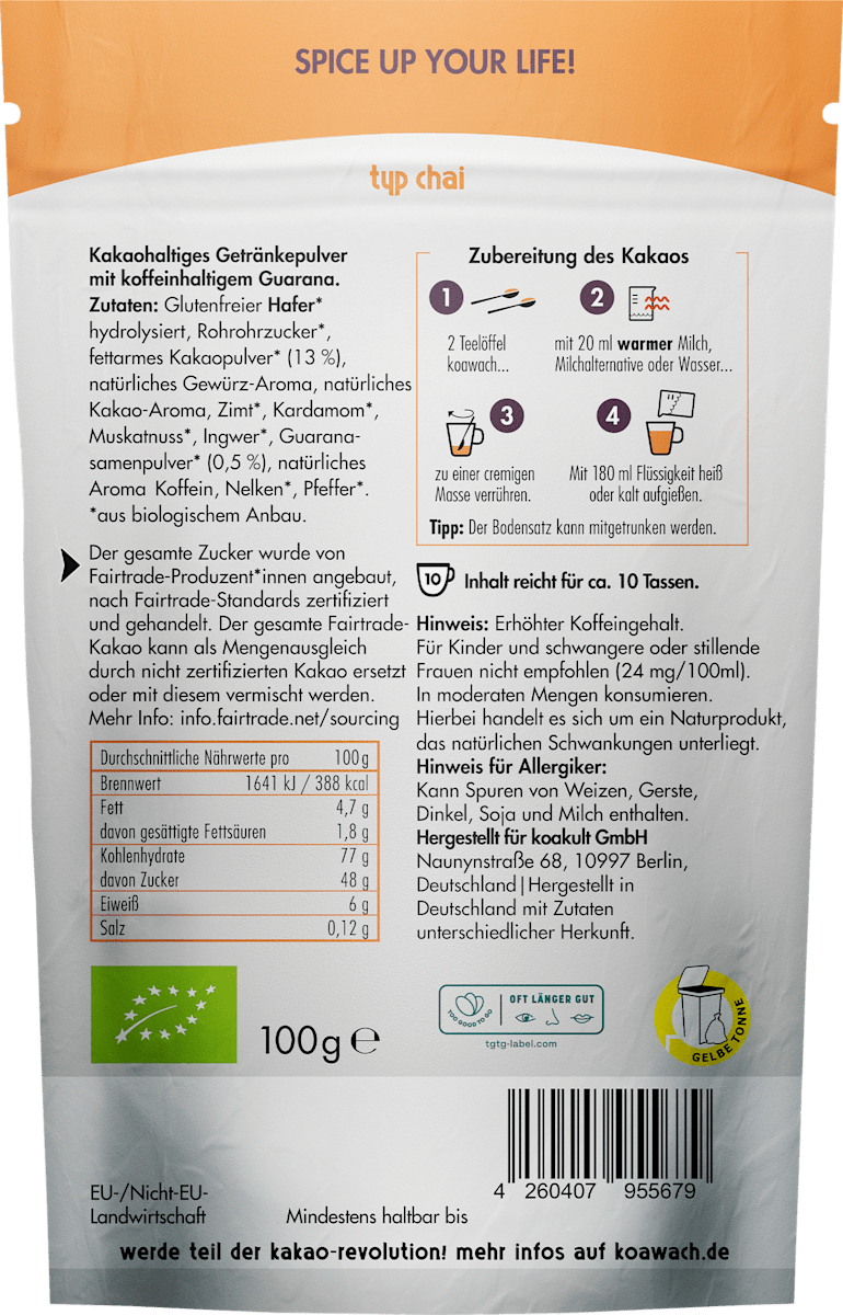 koawach Getränkepulver, Chai mit Guarana, 100 g