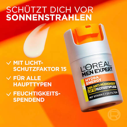 Gesichtscreme Hydra Energy, Feuchtigkeitspflege mit Vitamin C, 24h Anti-Müdigkeit LSF 15, 50 ml L'ORÉAL PARiS MEN EXPERT