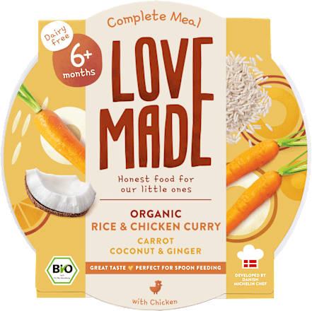 Menü Curry Reisgericht Karotte, Hähnchen, Kokos, Ingwer, ab 6 Monaten, 185 g