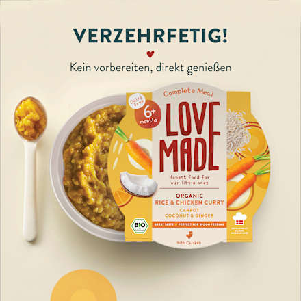 Menü Curry Reisgericht Karotte, Hähnchen, Kokos, Ingwer, ab 6 Monaten, 185 g