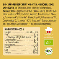Menü Curry Reisgericht Karotte, Hähnchen, Kokos, Ingwer, ab 6 Monaten, 185 g
