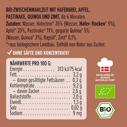 Quetschie Haferbrei, Apfel, Pastinake, Quinoa und Zimt, ab 6 Monaten, 100 g