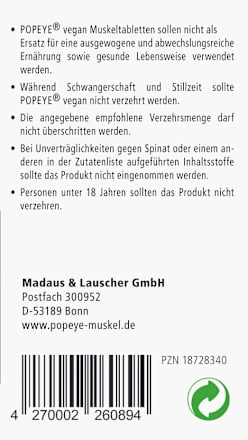 Popeye vegane Muskeltabletten 60 St, 106 g
