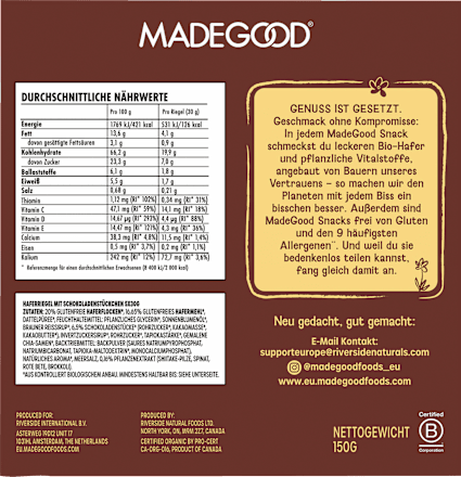 Mueslirepen, chocoladechip, zacht gebakken haverrepen (5 stuks), 150 g
