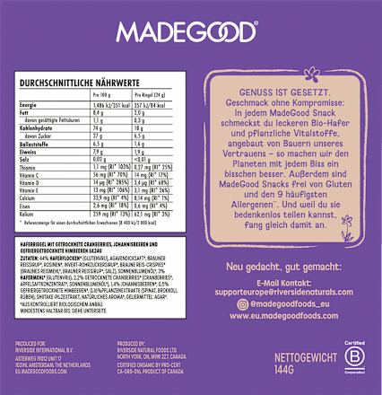 Mueslirepen, granola gemengd fruit (6 stuks), 144 g