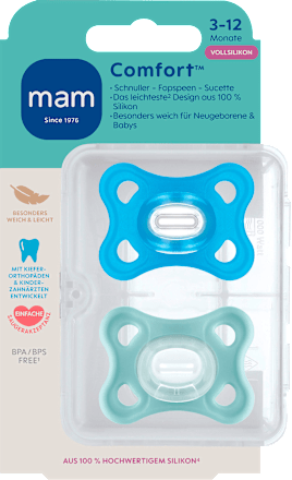 Comfort siliconen fopspeen, blauw/groen, 3-12 maanden, 2 stuks