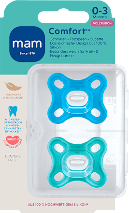 Comfort siliconen fopspeen, blauw/turquoise, 0-3 maanden, 2 stuks