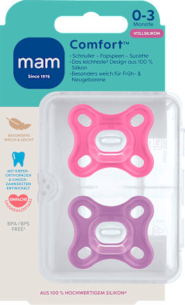 Comfort siliconen fopspeen, roze/paars, 0-3 maanden, 2 stuks