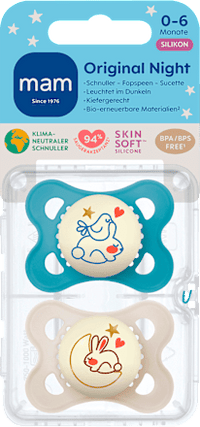 Originele Nacht Siliconen Fopspeen, blauw/crème, 0-6 maanden, 2 stuks