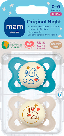 Originele Nacht Siliconen Fopspeen, blauw/crème, 0-6 maanden, 2 stuks