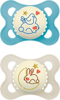 Originele Nacht Siliconen Fopspeen, blauw/crème, 0-6 maanden, 2 stuks