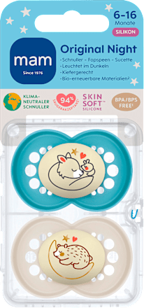 Originele Nacht Siliconen Fopspeen, blauw/crème, 6-16 maanden, 2 stuks