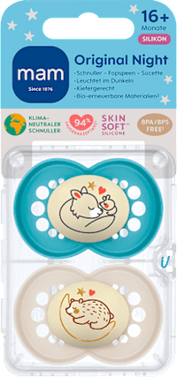 Originele Night siliconen fopspeen blauw/crème, vanaf 16 maanden, 2 stuks