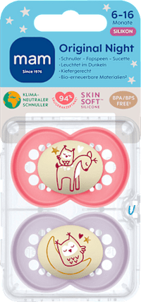 Originele Nacht Siliconen Fopspeen Roze/Paars, 6-16 Maanden, 2 stuks