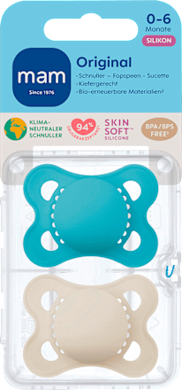 Schnuller Original plain Silikon blau/creme, 0-6 Monate, 2 St mam