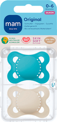 Schnuller Original plain Silikon blau/creme, 0-6 Monate, 2 St mam