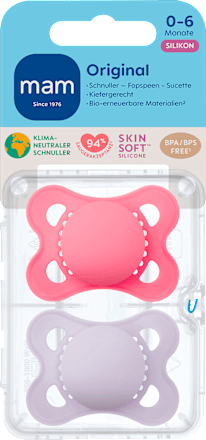 Originele effen siliconen fopspeen roze/paars, 0-6 maanden, 2 stuks