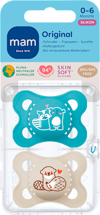 Originele siliconen fopspeen, blauw/beige, 0-6 maanden, 2 stuks