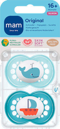 Originele siliconen fopspeen, blauw/turquoise, vanaf 16 maanden, 2 stuks