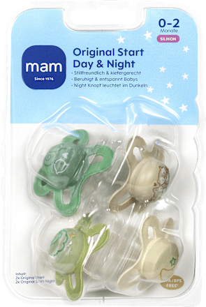 Original Start Day &amp; Night Siliconen Fopspeen, groen/bruin/crème, 0-2 maanden, 4 stuks