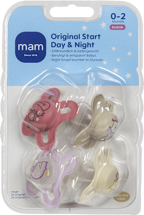 Schnuller Original Start Day & Night Silikon, rot/lila/braun/creme, 0-2 Monate, 4 St mam